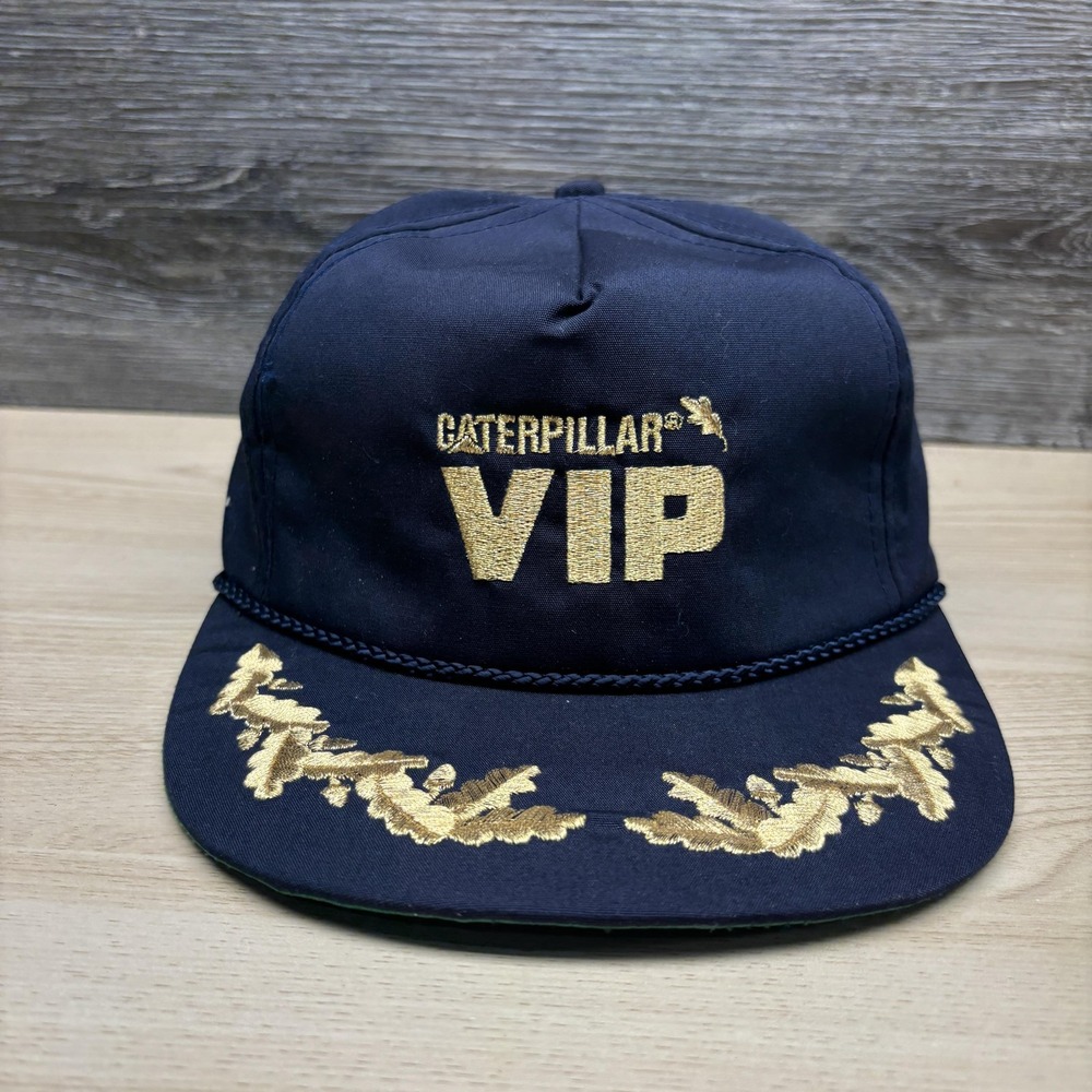 Vintage Caterpillar VIP Hat Cap Strap Back Mens Navy Gold Rope Embroidered 80s
